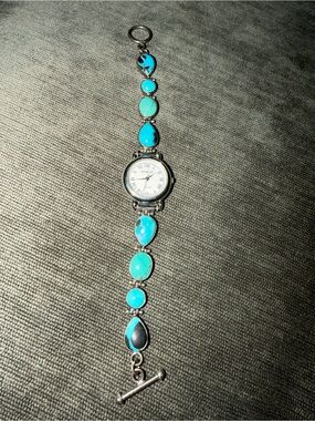 Vintage Turquoise Stone Silver-Tone Bracelet Watch for Women Santa’s fe